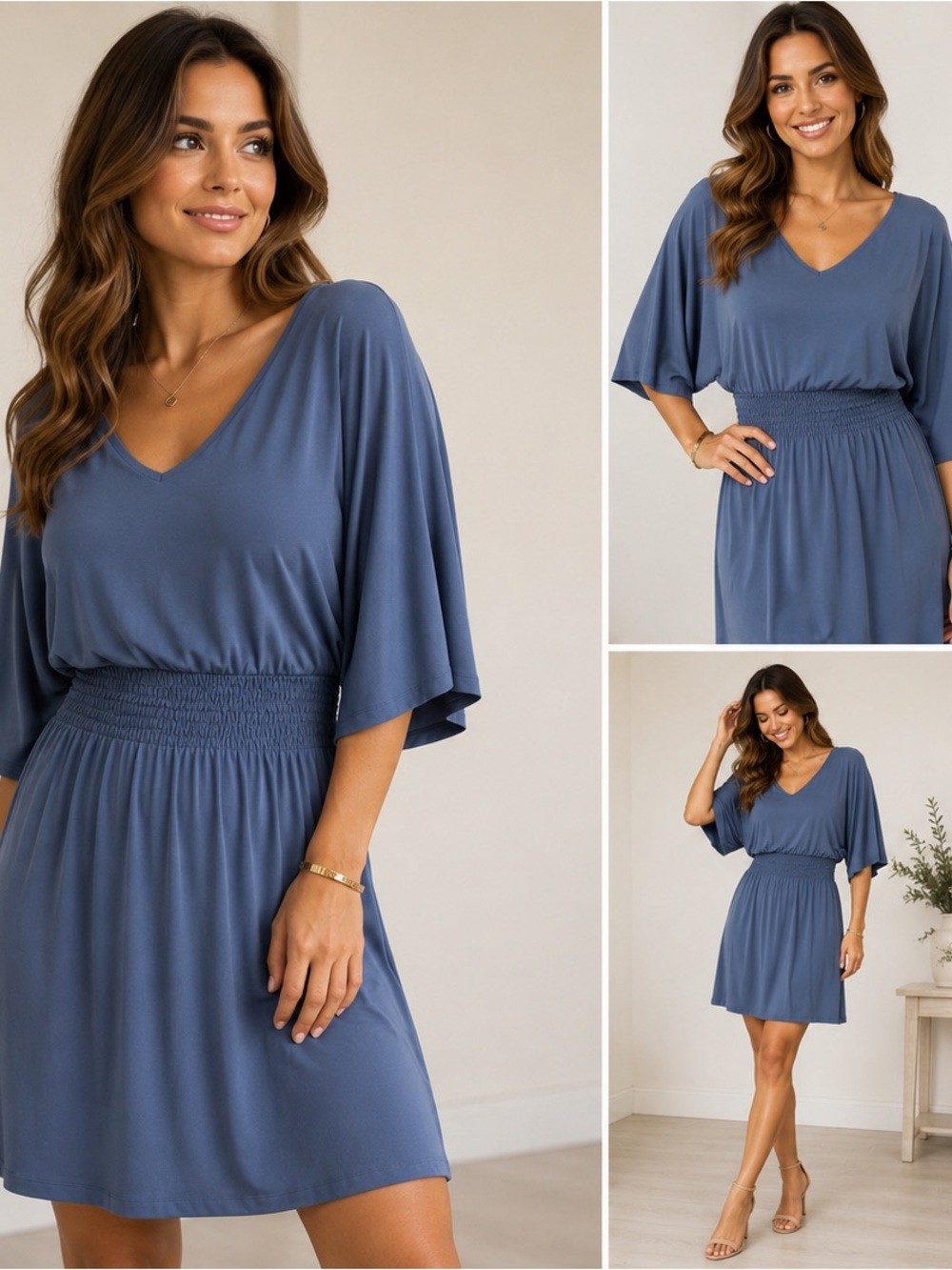 White House Black Market Dusty Blue V-Neck Smocked-Waist Midi Dress